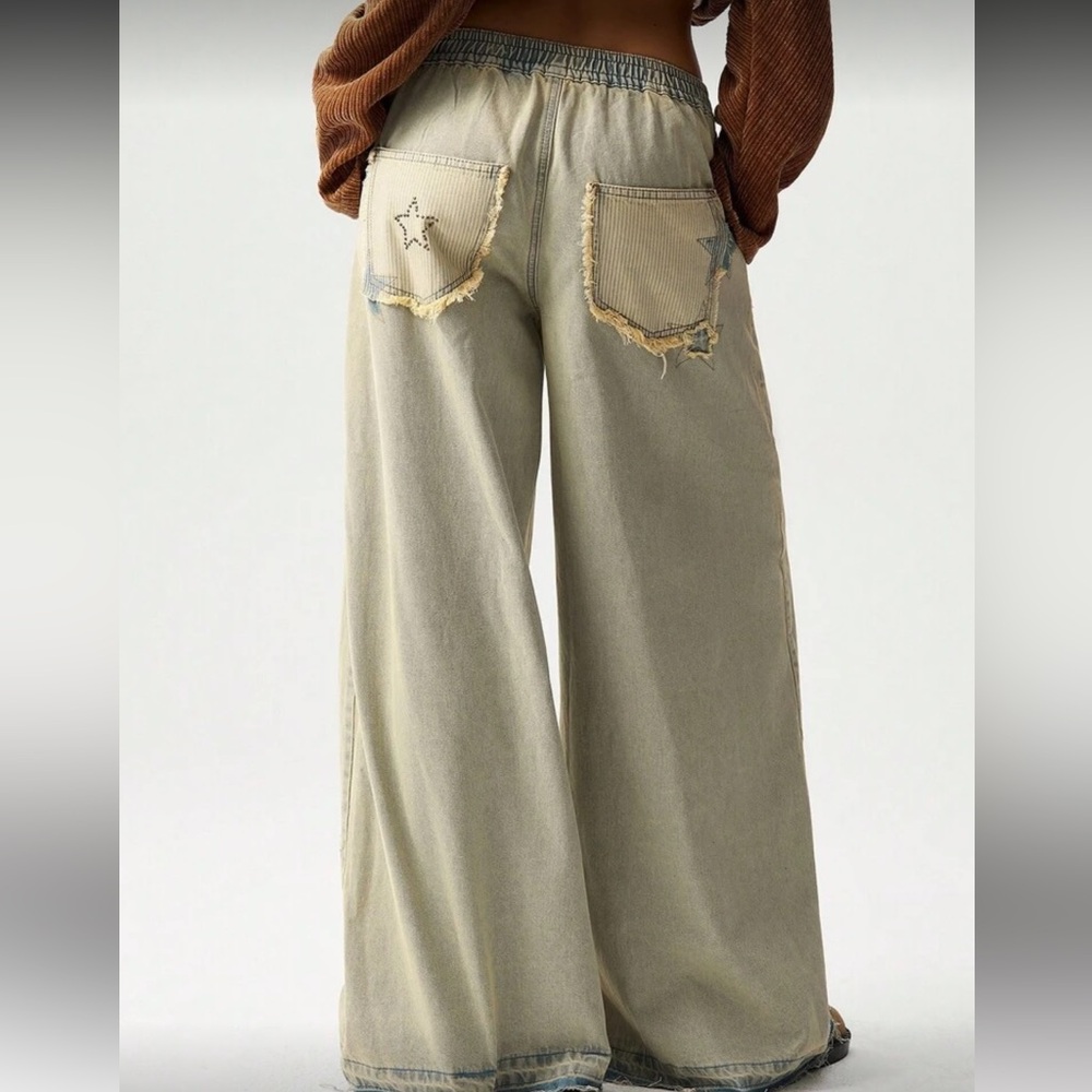 Star patchwork distressed Pattern Wide-Leg Jeans mini stud blue - Picture 6 of 7